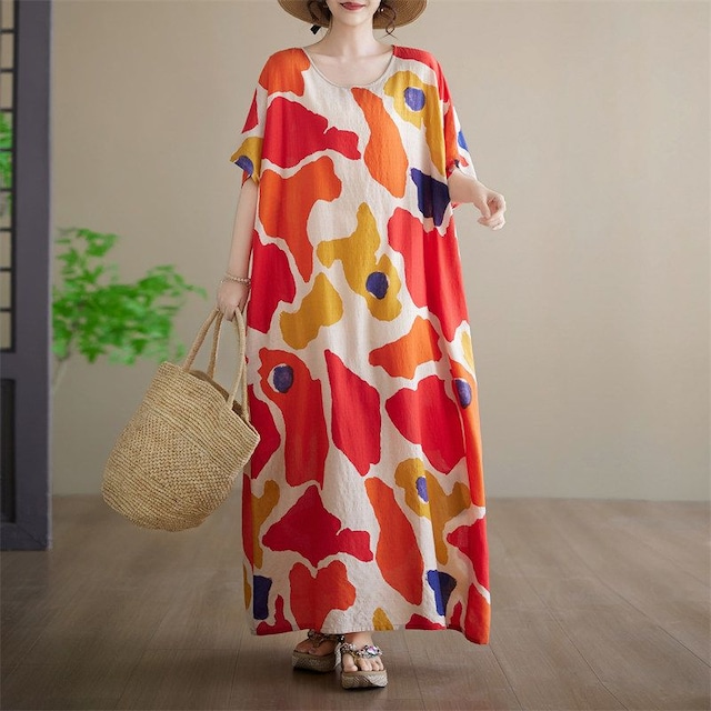 BATWING SLEEVES RELAXED PRINT LONG COTTON DRESS M-17386