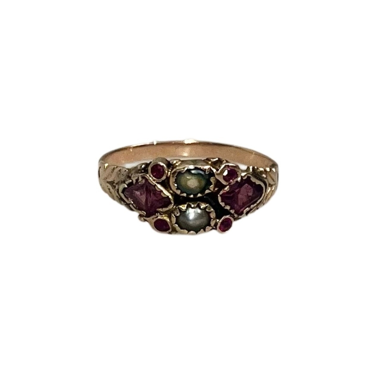 antique 9ct gold multi stone ring set with pearl & amethyst & garnet