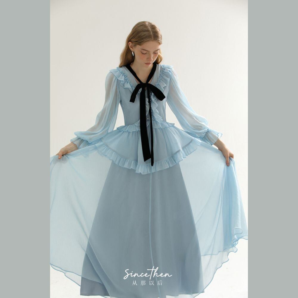 ベルベットのブラックロングタイ妖精ワンピース【ブルー】 E00207