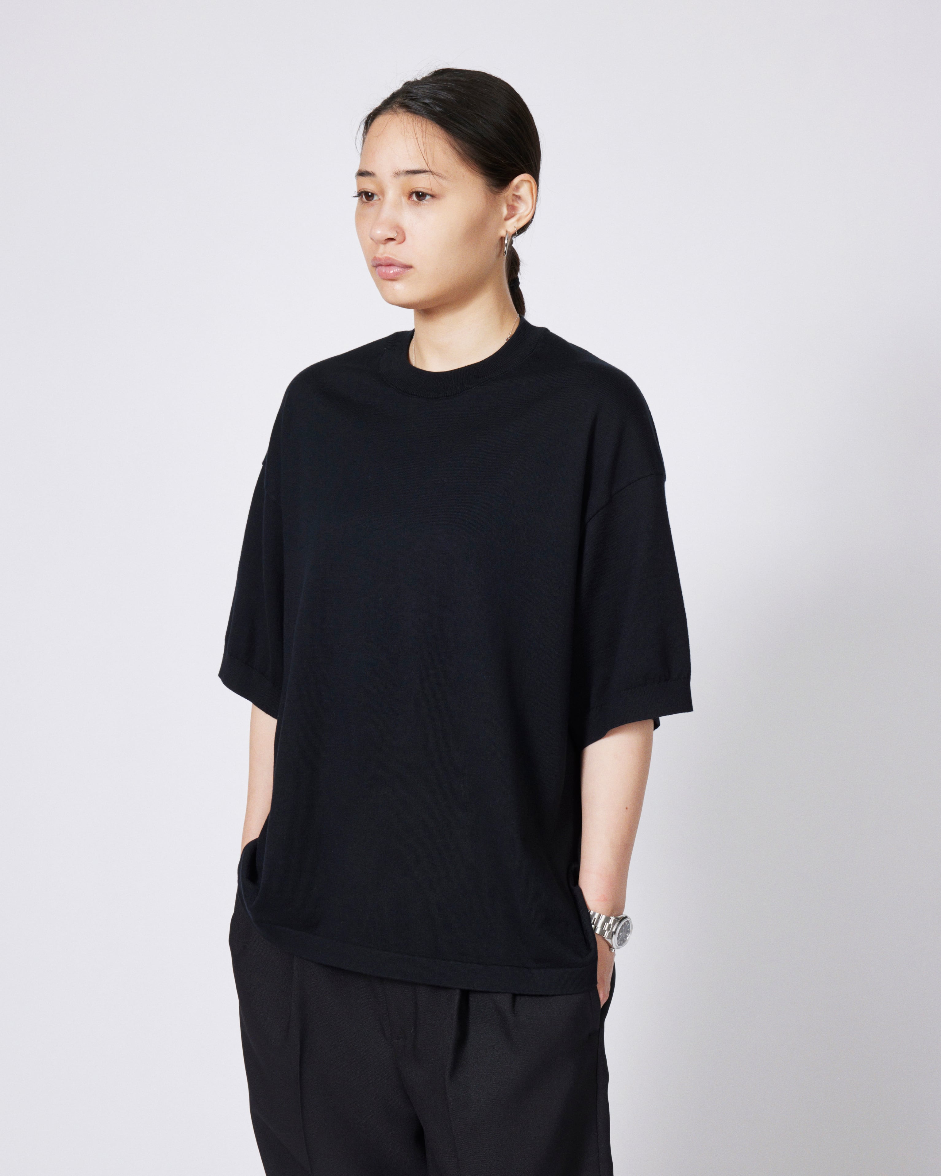everyone cotton silk high gauge knit short sleeve tee shirt (BLACK