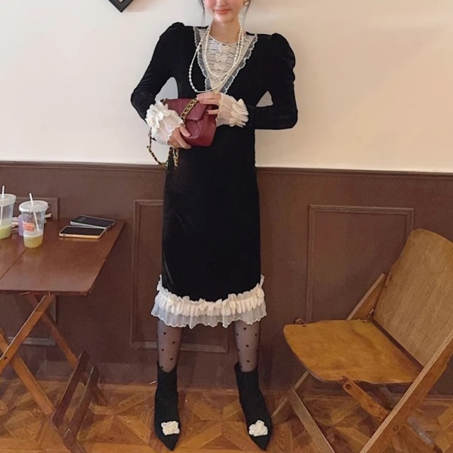 ヴィクトリアン フリルレース ベルベットワンピース 239210