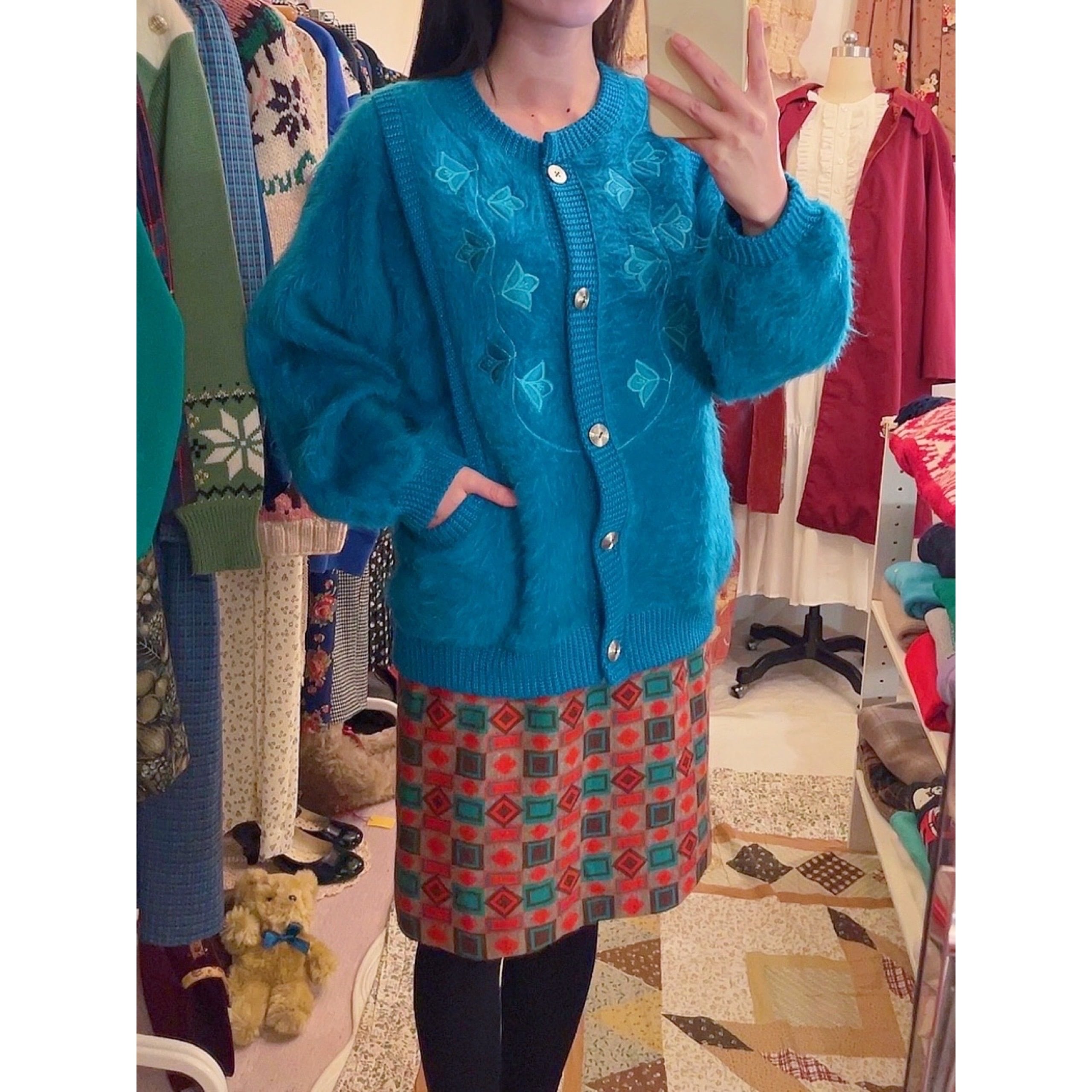 peacock green shaggy knit cardigan