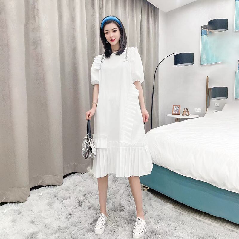 薄手サマーロングスリーブプリーツドレス ランタンスリーブ 大きめサイズ 夏物 ミックスインファッション53092305781