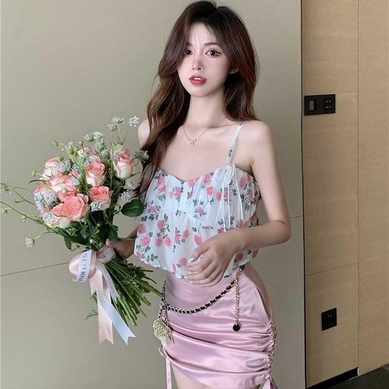 サマーFlowerデザイン トップス サテンギャザーレディース 夏物 ピュア フラワーデザイン YY-ファッション91099006010