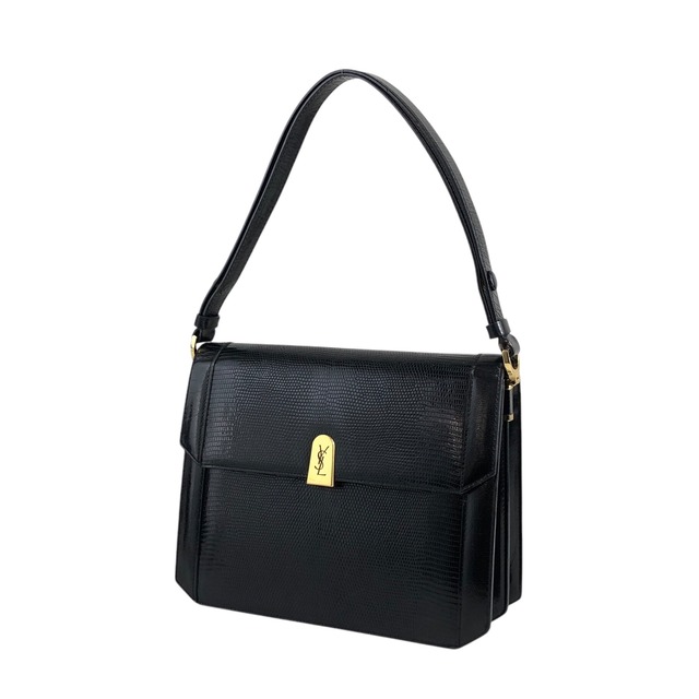 Yves Saint Laurent イヴ・サンローラン ショルダーバッグ ブラック YSL リザード型押し vintage ヴィンテージ オールド czhngw