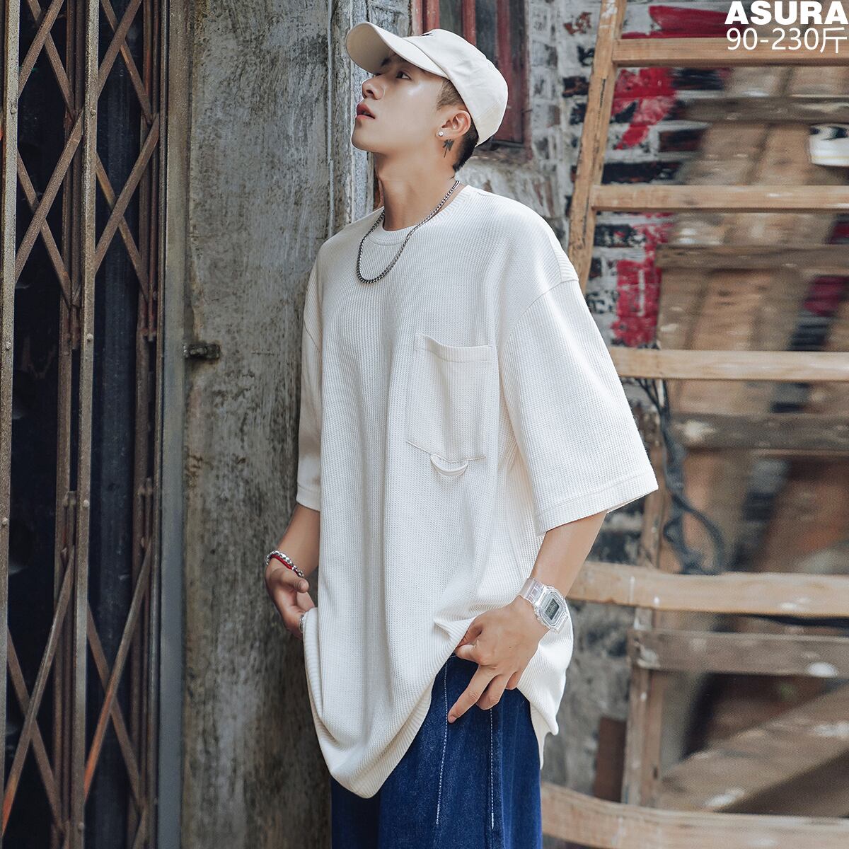 ニットTシャツ ルーズラウンドネックサマースタンダード レトロ 大きめサイズ 夏物 Oネック ASURAプラスサイズメンズ57885315005