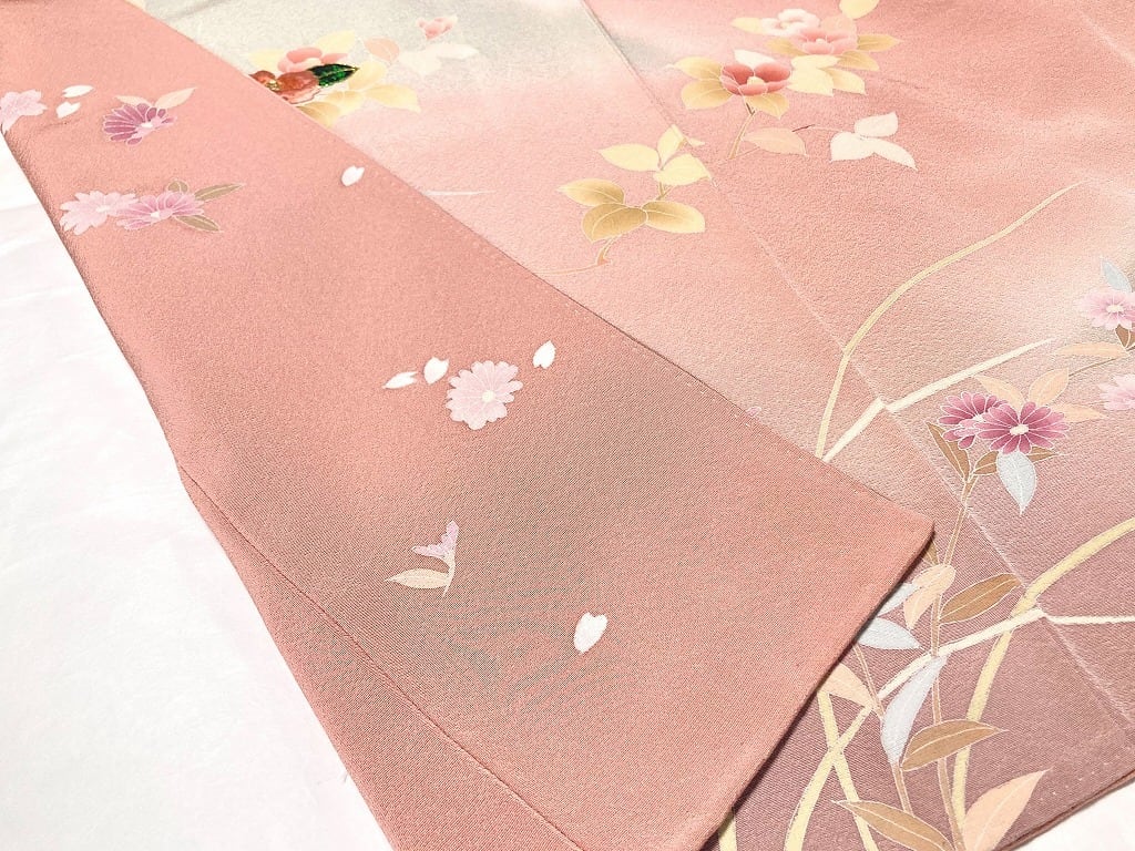 螺鈿 手刺繍 手描き友禅 訪問着 四季の花々 正絹 ピンク 桃花色 1065