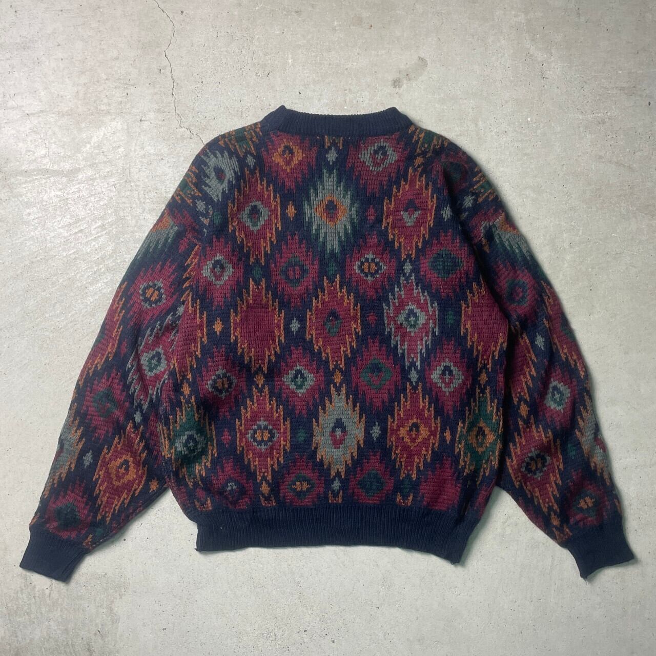 古着 総柄ニット 薄手 アクリル ウール M 太アーム ブラック 茶 SALE 