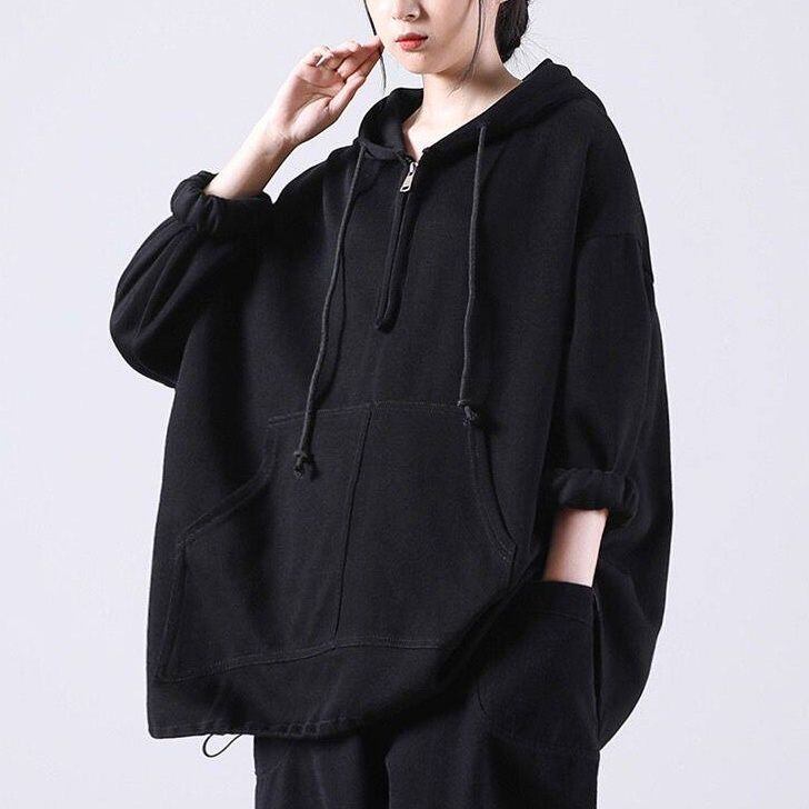 DRAWSTRING HOODED HALF ZIP RELAXED SWEATSHIRT M-18712
