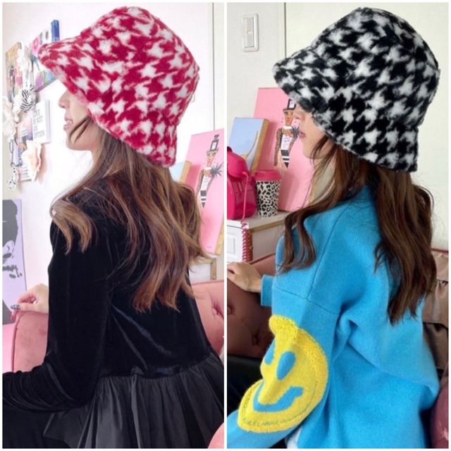 千鳥柄バケットハット/韓国/レディースファッション/バケハ/帽子/ブラック/ファー(9-039)(9-040)