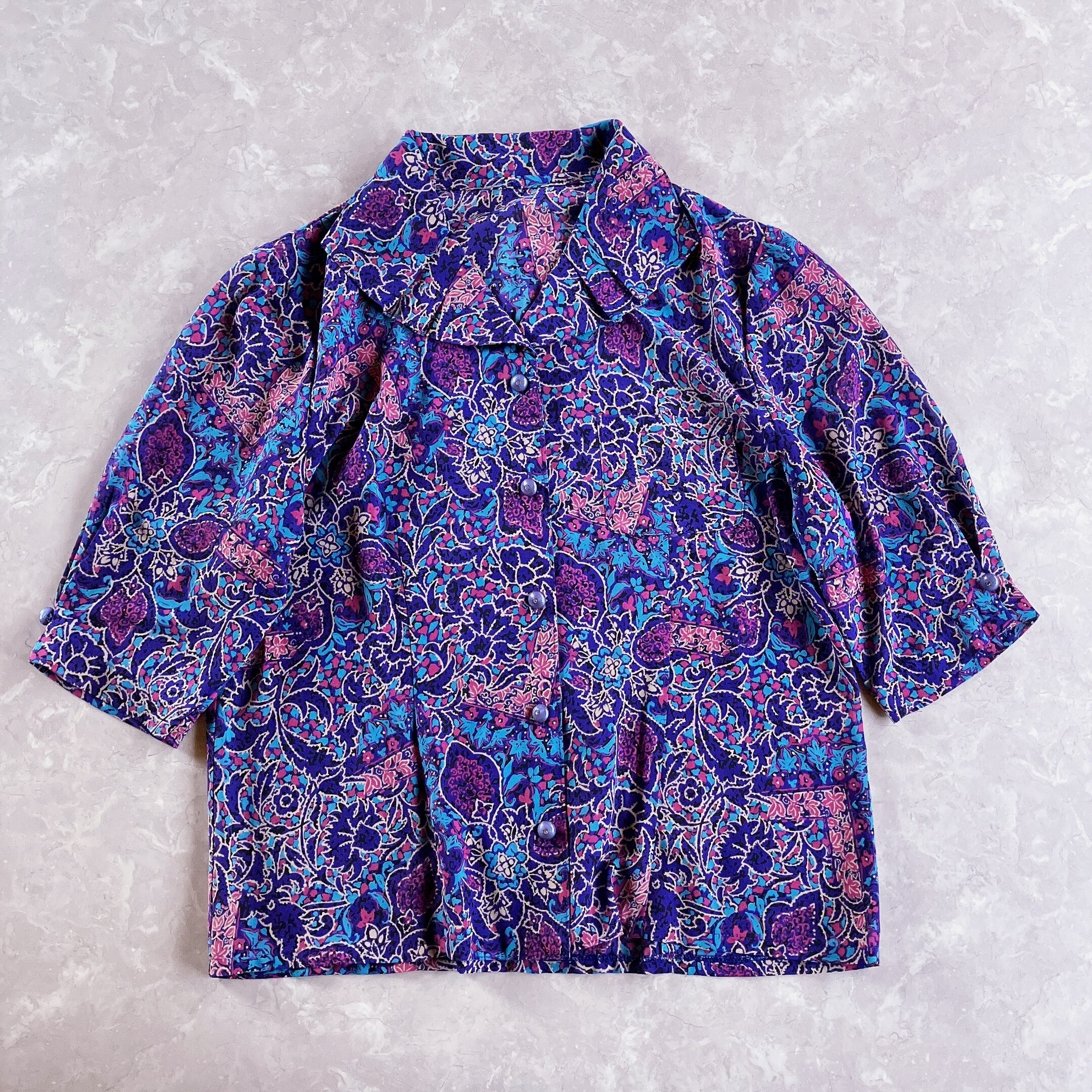 紫 花柄 二重襟 総柄 シャツブラウス クラシカル 昭和レトロ vintage