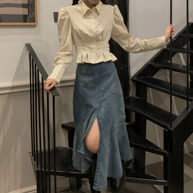 ins風 デニム スカート ミディアム丈 スリット パッチワーク風 Aライン