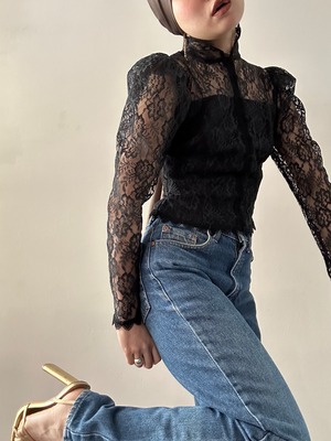 70s Vintage Black Lace Blouse