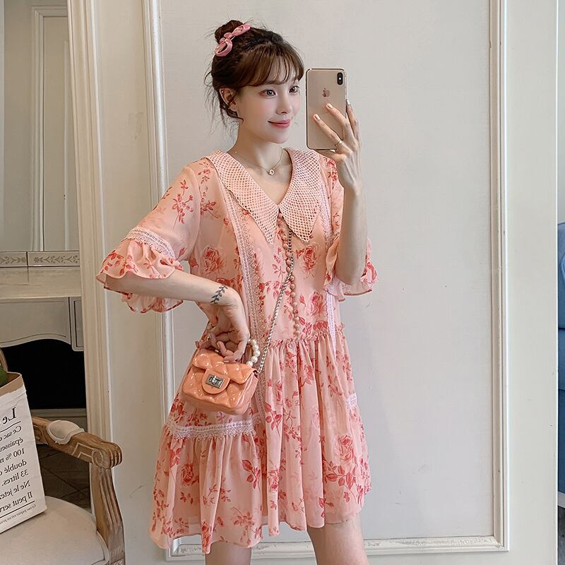 【新作】【送料無料】 マタニティドレス2021夏の新しいシフォンフローラルラペルドレス小さな新鮮なミドル丈ドレス妊婦-アリババ サマー 夏物 花柄 expec220675752682