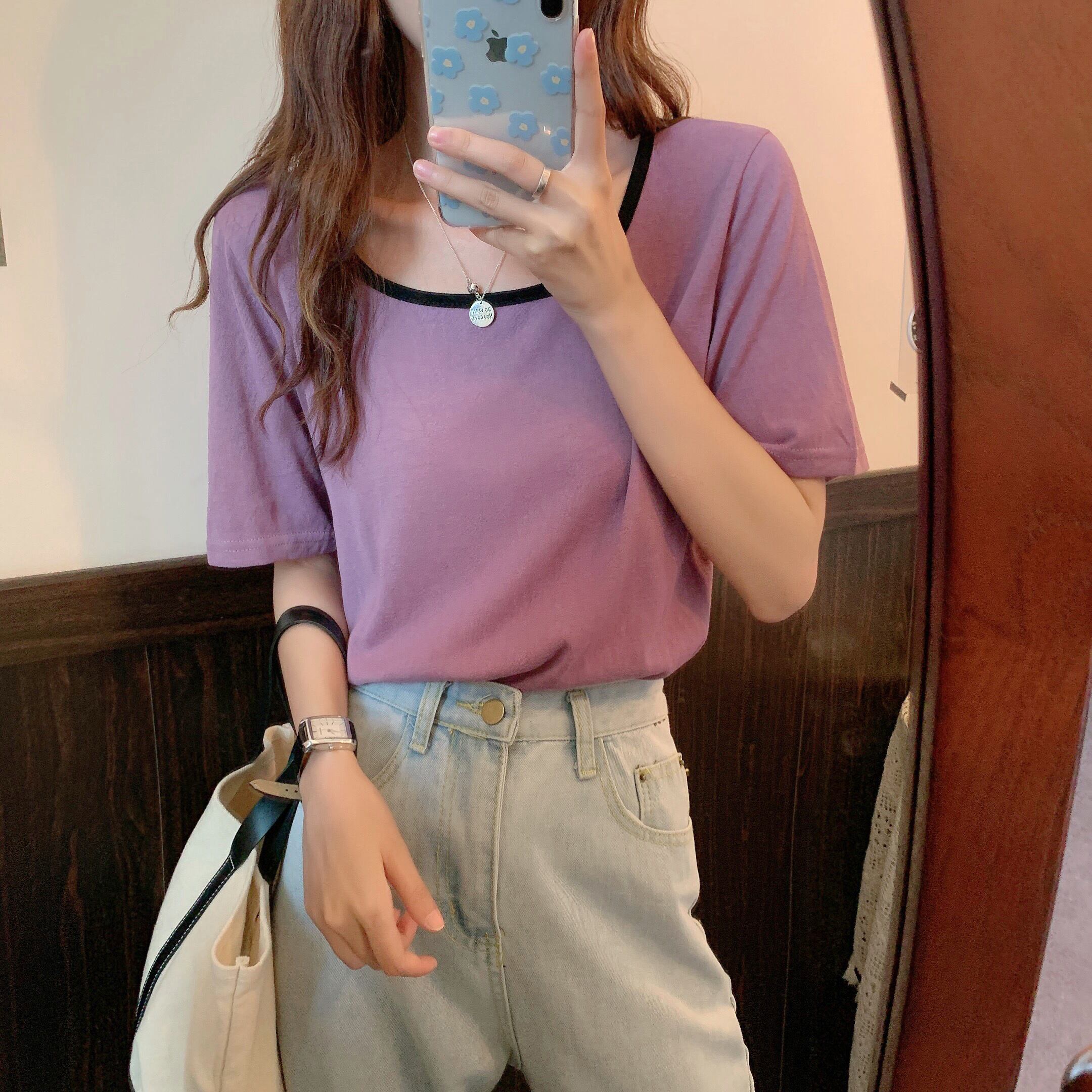 半袖Tシャツレディース2020年夏新作ネットレッドインタイドバージョンカラーマッチングスクエアカラーワイルドホワイトショートトップ 1号婦人46581481969