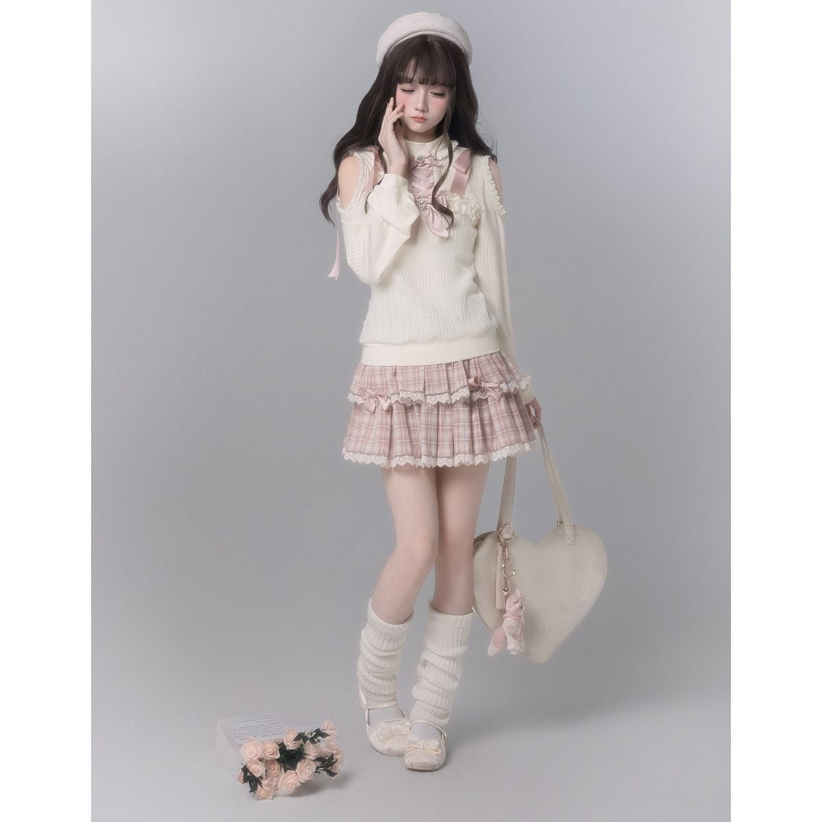 編み上げリボンニットさくらチェックのティアードフリルセット