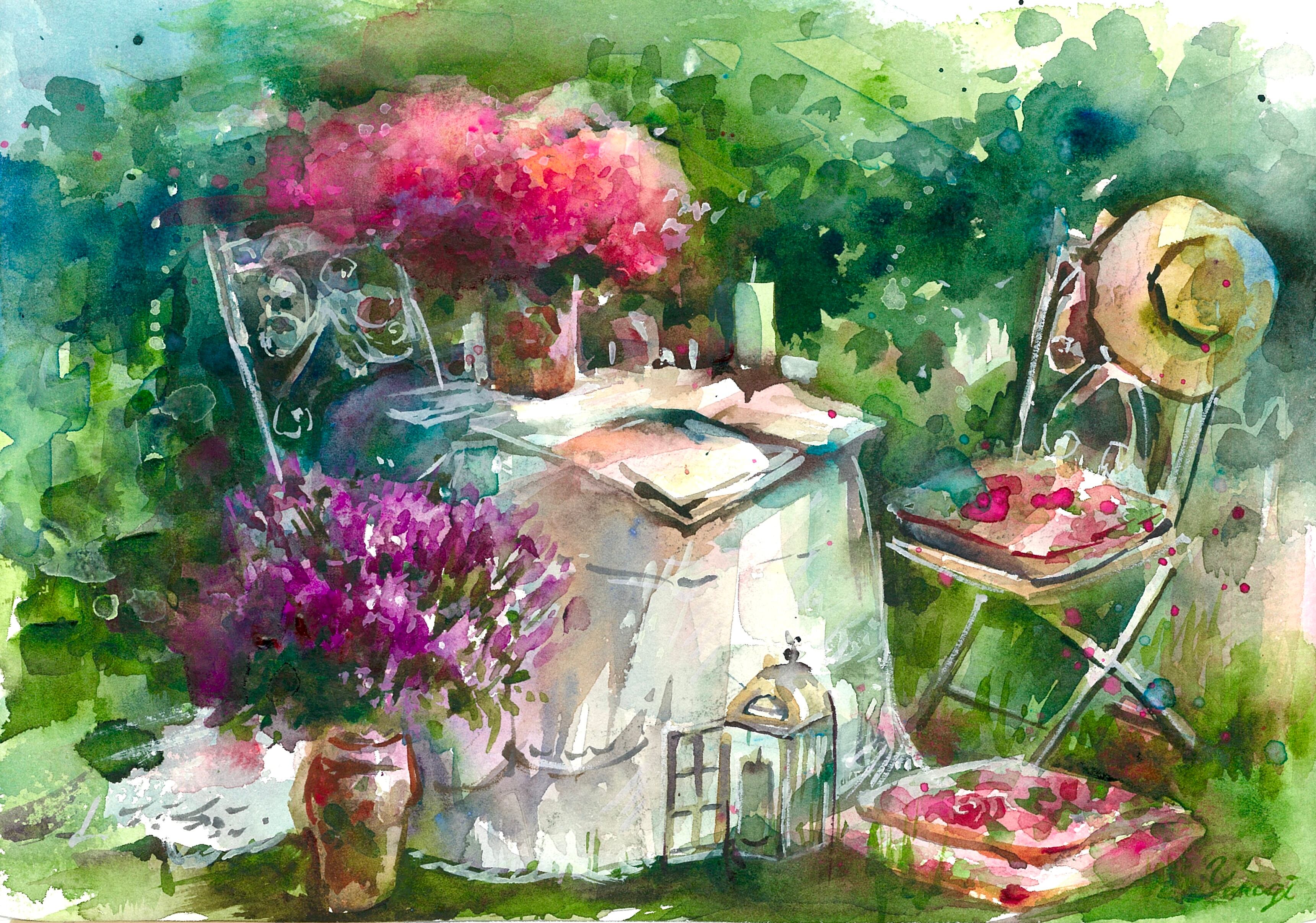 水彩画　五つの花瓶　sm4 22.7✕15.8 cm 水彩画 原画 GARDEN | yanagi