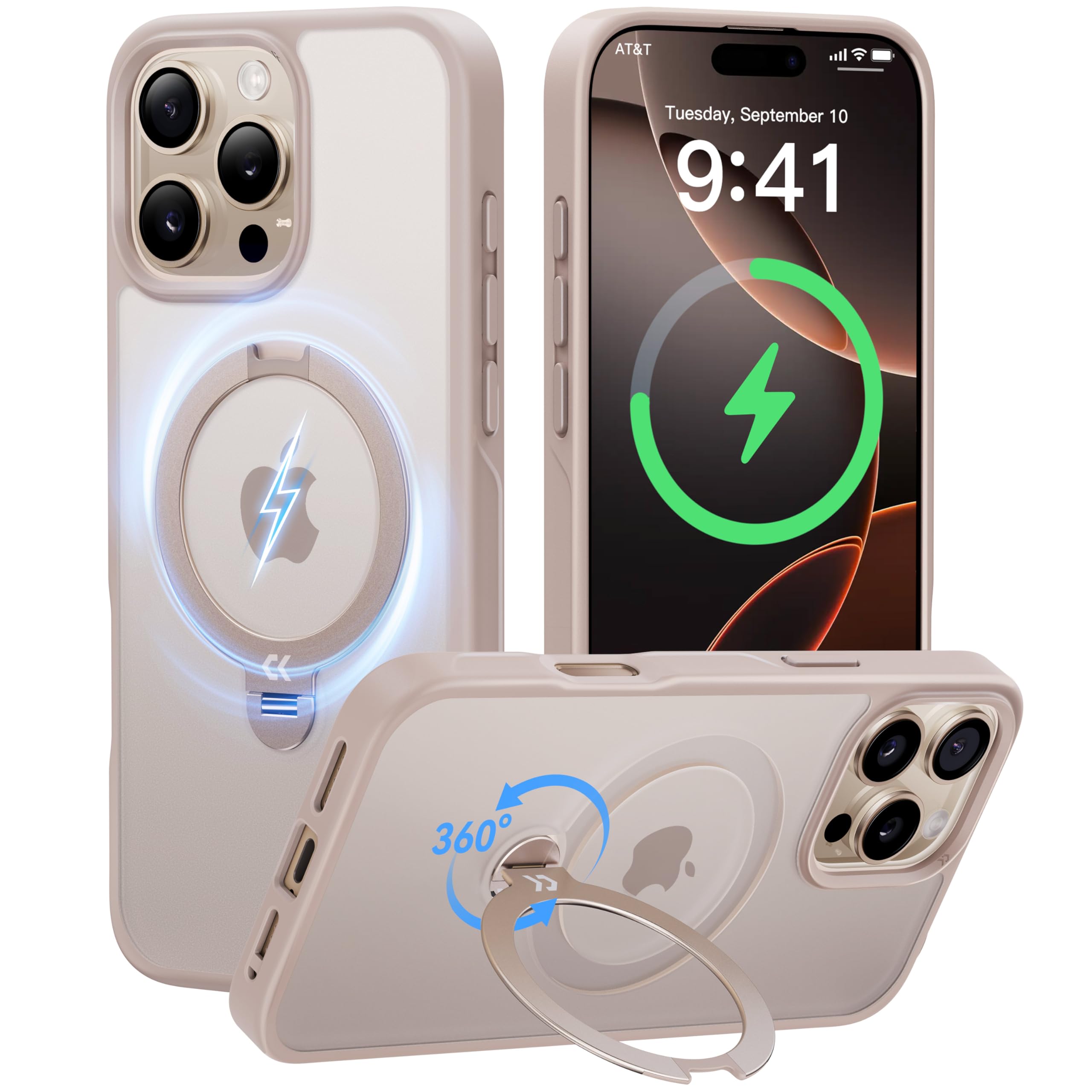【特価処分】【2025最高傑作&定点360度回転】CASEKOO iPhone 16 Pro 用 ケース 米軍MIL規格 耐衝撃 MagSafe対応 高耐久性【横縦両立・角度自由調整】最大25W急速充電対応 指紋防止/マット仕上げ/黄変防止/半透明 ラップホール付き ワイヤレス充電対応 いphone16pro 用ケース 6.3インチ「MagicStand Pro」(ゴールド)