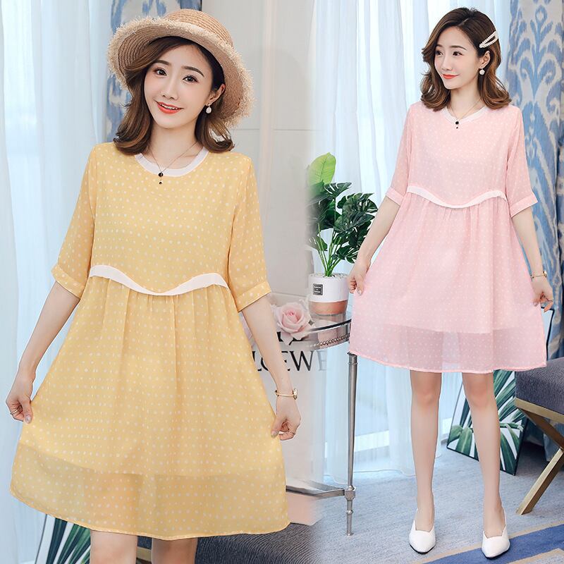 【新作】【送料無料】 新しいファッション水玉ミドル丈ルーズシフォンプラスサイズのマタニティドレスのマタニティウェア2019夏バージョン-アリババ 大きめサイズ サマー 夏物 expec228636489060