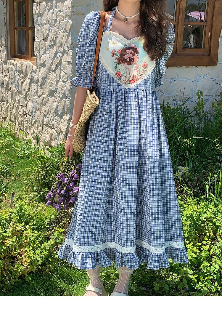 ワンピース ハート チェック 水色 青 リボン ワンピース ゆったり