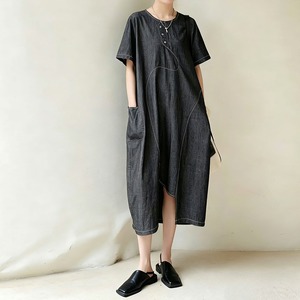 CONTRAST STITCH COCOON MIDI DENIM DRESS M- M-17440