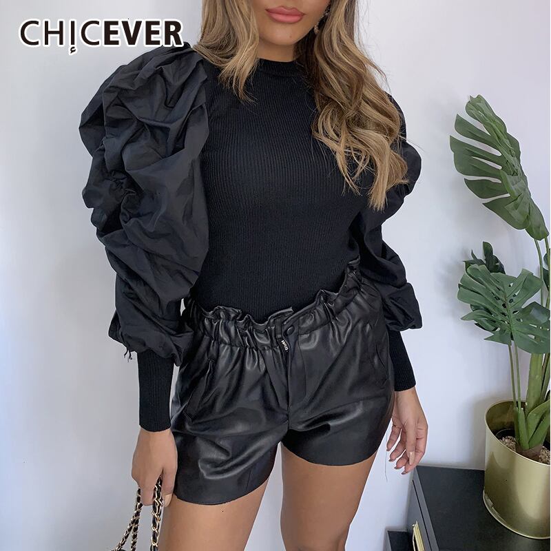 CHICEVERセーター女性Oネックパフ長袖シャーリングスリムニットプルオーバーストリートウェアセーター2020服 ロング 6base532241851171