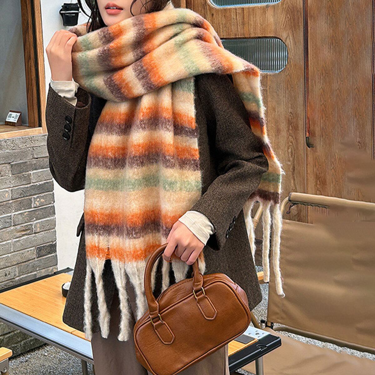 ボリューム マフラー 大判 レディース 秋冬 韓国 ふわふわ もこもこ 防寒 保温 おしゃれ ボーダー柄 フリンジマフラー 通勤 通学 暖かい 大人可愛い 大人女子