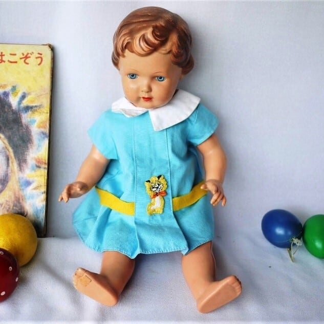 ドール服 レトロ空色ワンピース 半袖ワンピース