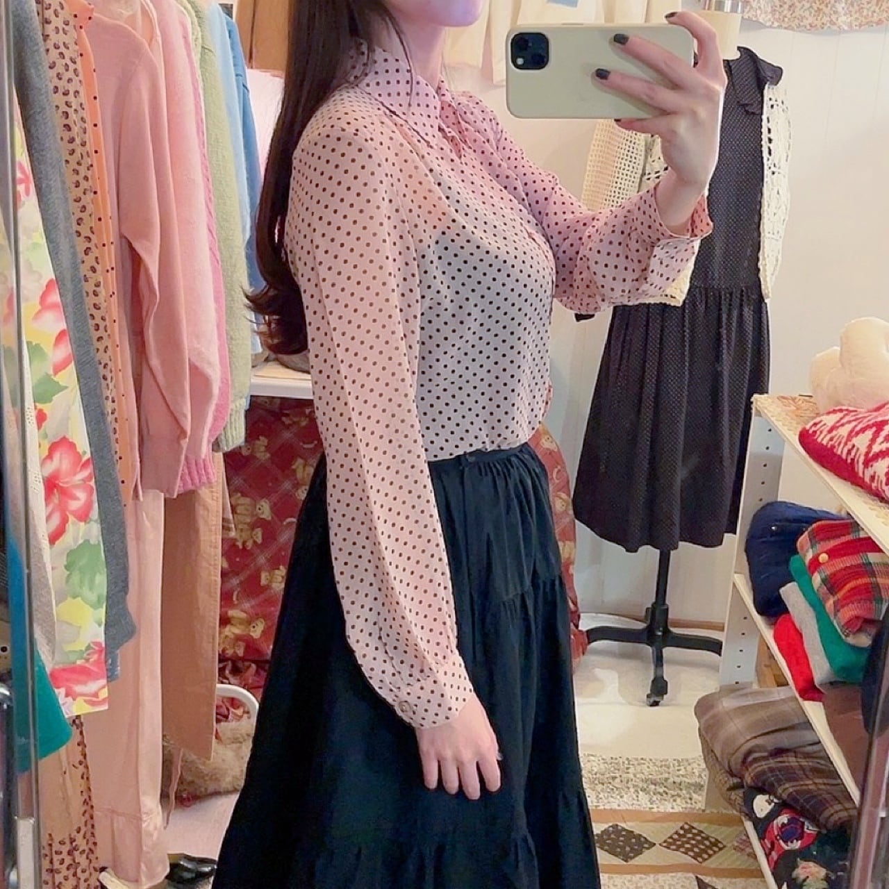 brown dot pink sheer blouse