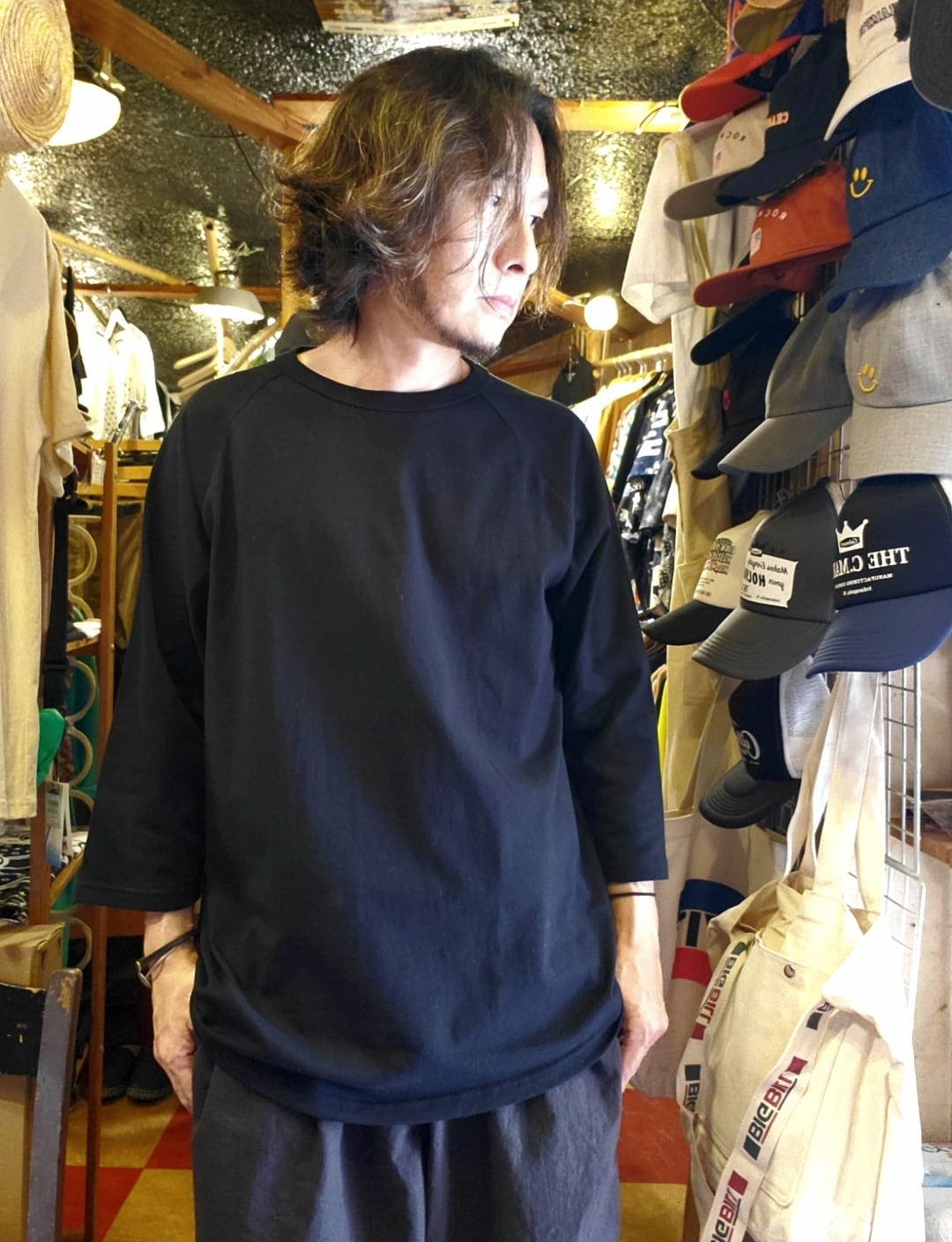 無地ラグラン7分袖Tシャツ(ブラック)