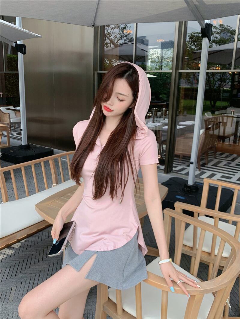 Tシャツ スリムフードトップス サマー ピンク 夏物 ブラックストロベリース20506937899