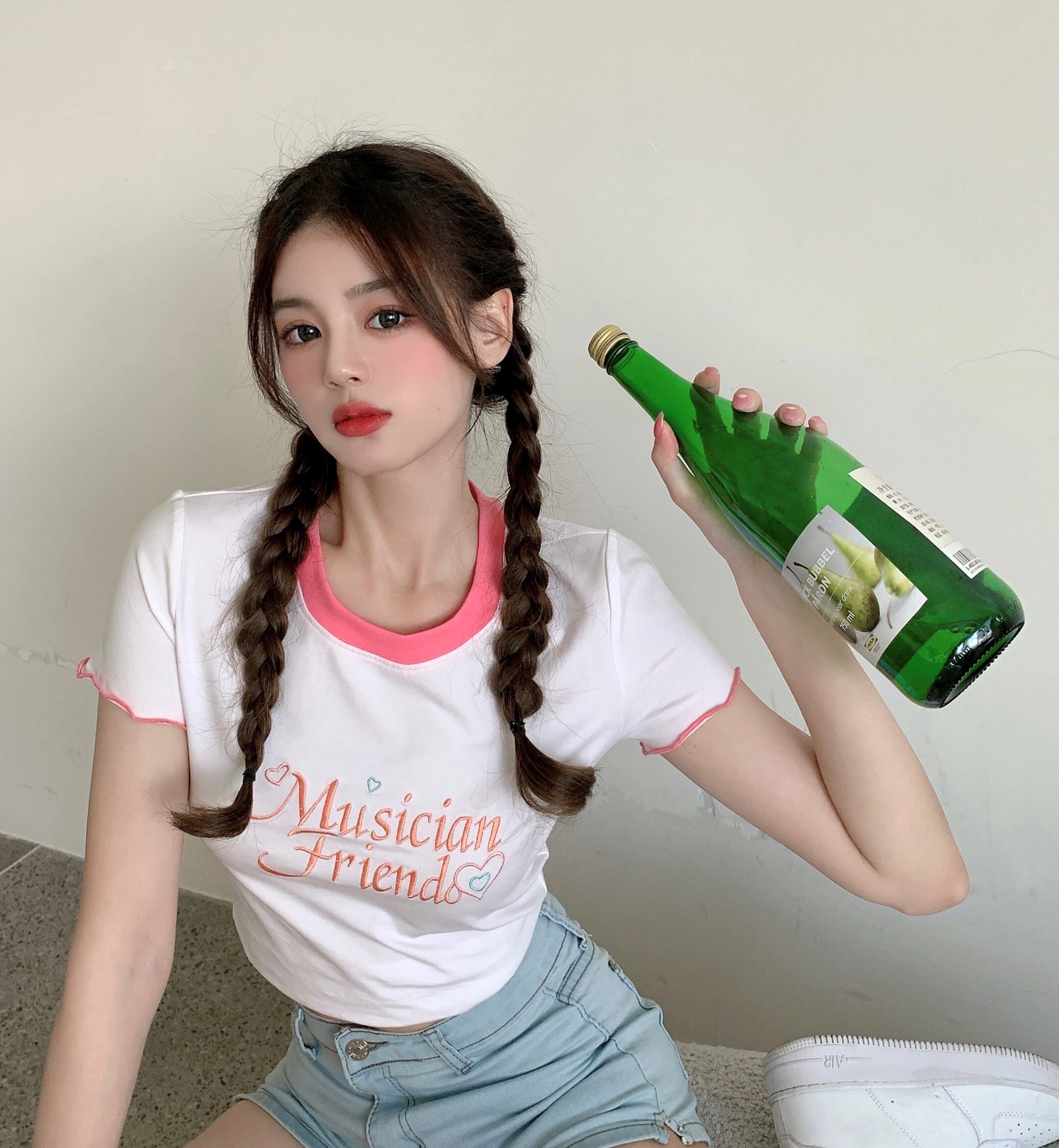 スリーブTシャツ サマーショートトップス ピンク 大人ガーリー スウィート キュート カジュアル 夏物 ピュア ブラックストロベリース57553781122