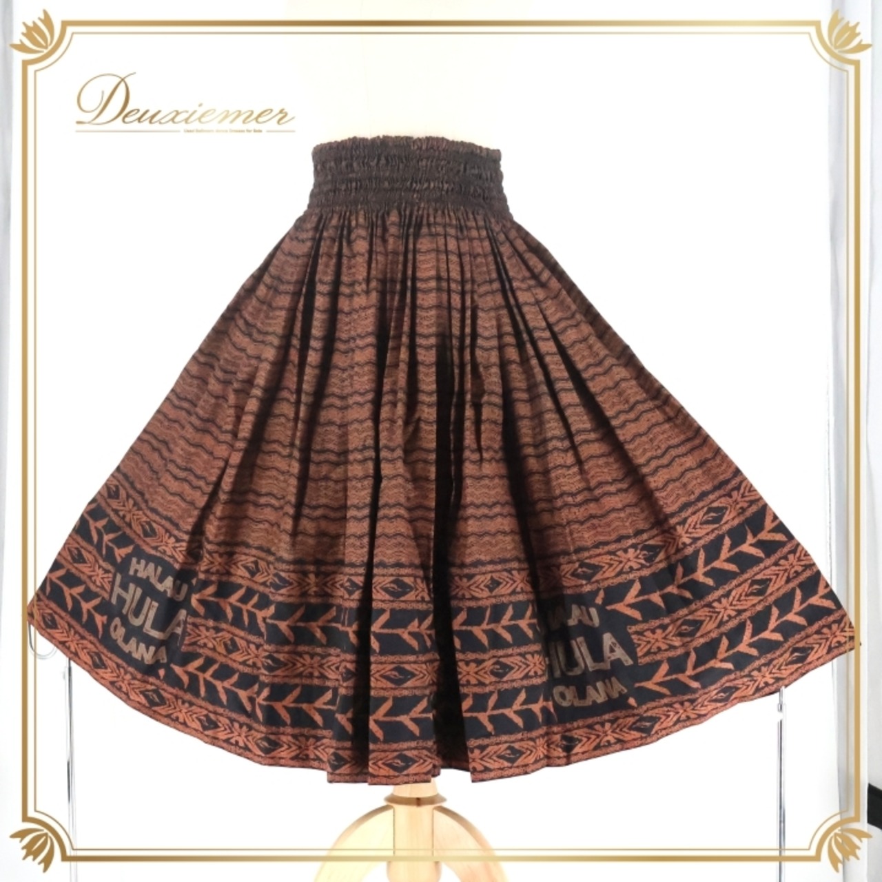 フラダンス 衣装 パウスカート ブラウン系 ハワイアンプリント エスニック柄 ボタニカル柄 ブラック系 茶 黒 ハワイアン レッスン 練習 フラ ダンス ダブル スカート おしゃれ 上品 大人っぽい かっこいい ふんわり グランジ加工 ボトムス ダンス衣装 ふんわりスカート フェス リゾートスタイル ハワイアンファッション エスニックスタイル かわいい フラシーン ステージ衣装