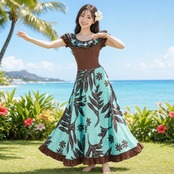 フラダンス 衣装 ALOHA STANDARDS アロハスタンダード ワンピース ドレス ブルー系 グリーン系 ティアレ柄 ラウアエ柄 青 緑 茶 フリル 日本製 華やか フラ ダンス タヒチアン ダンス衣装 イベント ステージ かわいい アロハ ブラウン系