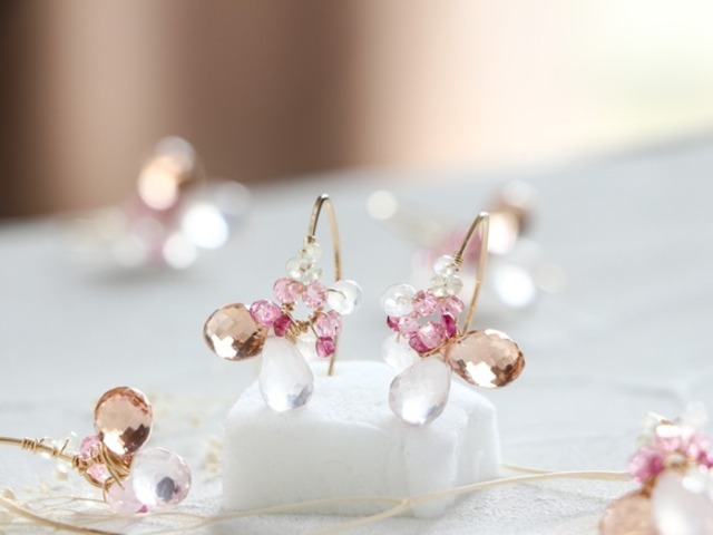 14kgf- spring flower quartz marquis pierced earrings