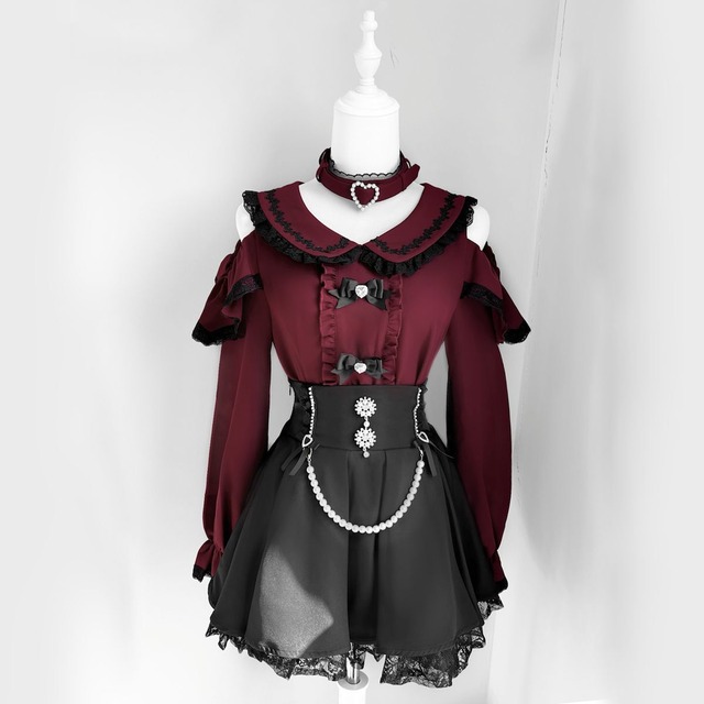 地雷系オープンショルダーパールチェーンスカートセットアップ：長袖ブラウス