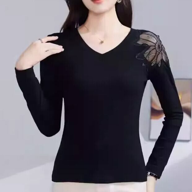 フラワーモチーフ ロングスリーブ Vネック カットソー ds1077