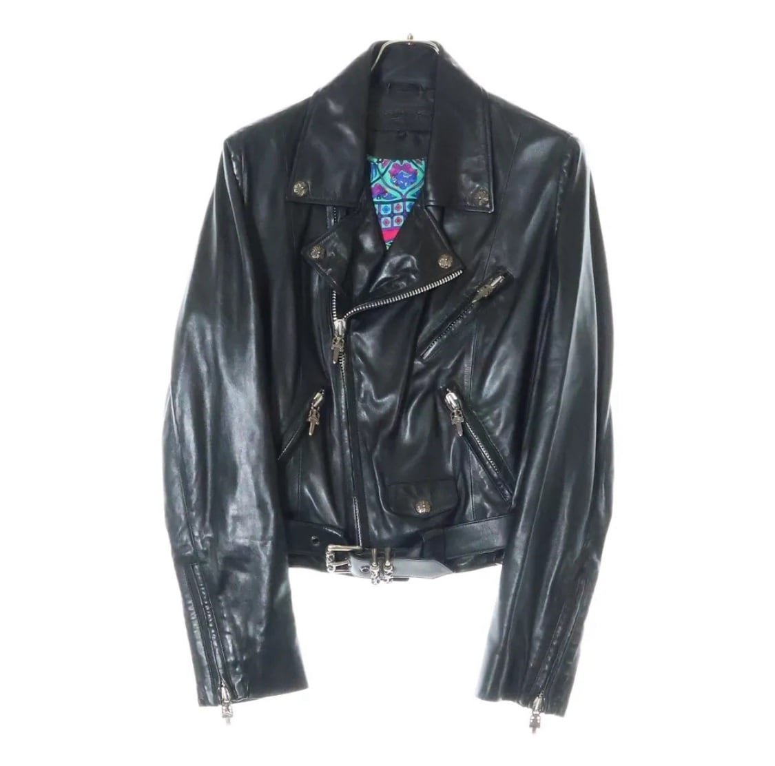 CHROME HEARTS クロムハーツ JJ DEAN HERMES JJディーン 裏地エルメス ダガージップライダースレザージャケット ブラック/マルチ レディース