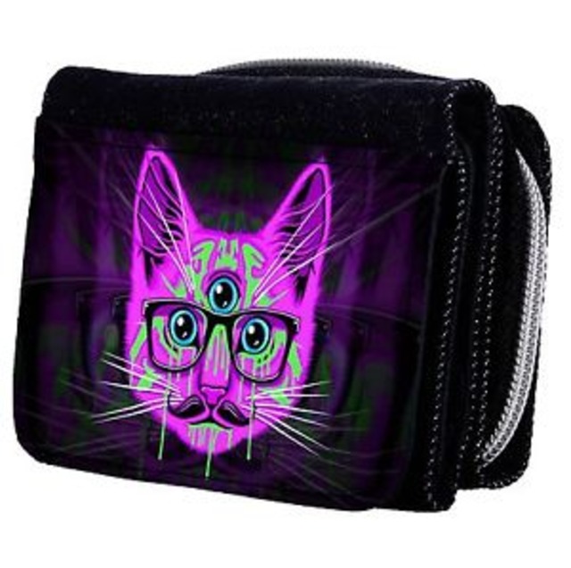 【送料無料】サイケデリックデニムウィンドウボタンpsychedelic hipster cat denim trifold half wallet w id window button