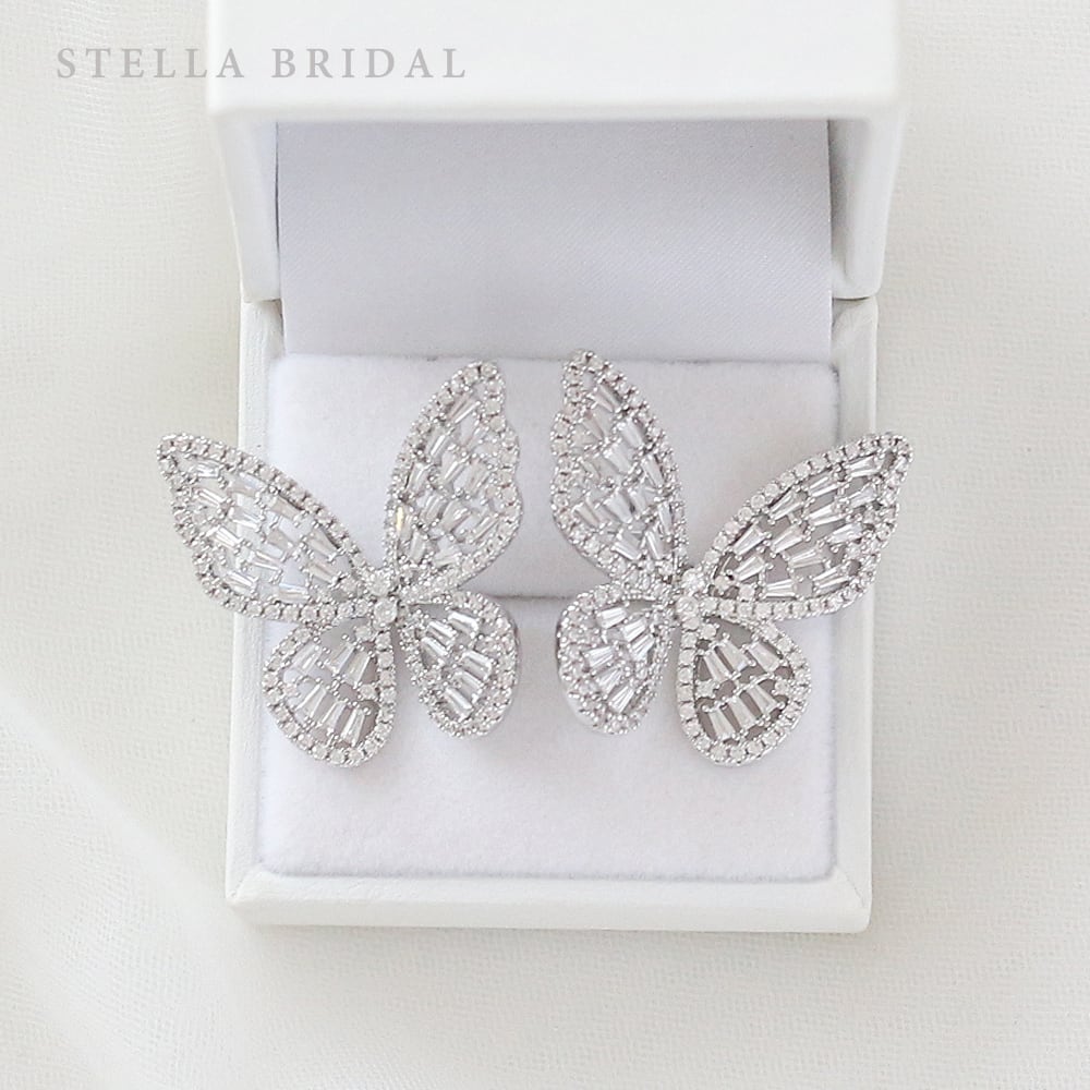 【蝶】STELLA BRIDAL バタフライ ピアス/ヘアピン キュービックジルコニア バタフライ ウェディングピアス&イヤリング