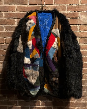 【Caka act3】80’s Multi Fabric Patchwork China Gimmick Euro Vintage Loose Fur Jacket