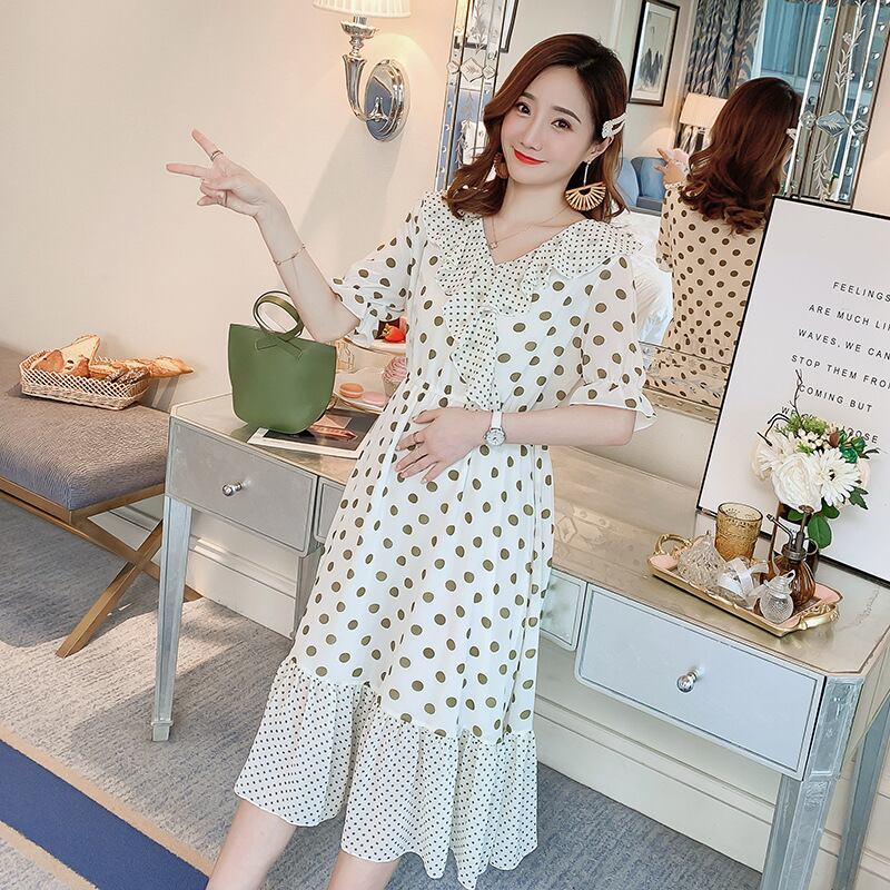 【新作】【送料無料】 マタニティドレス2019夏の新しい半袖ドレスファッションシフォン水玉ルーズミドル丈マタニティドレス-アリババ サマー 夏物 expec238256350291