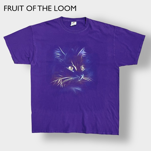 【FRUIT OF THE LOOM】アニマルプリント Tシャツ 猫 ネコ XL ビッグサイズ パープル 半袖 夏物 US古着
