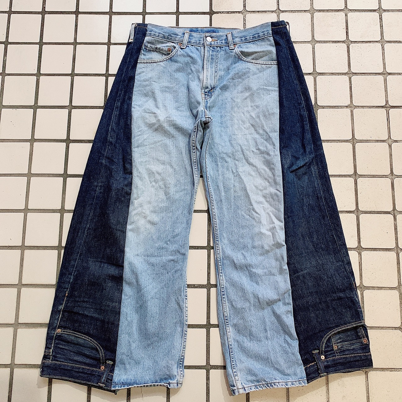 ワイドシルエット】再構築 ドッキング フレア リメイク デニム