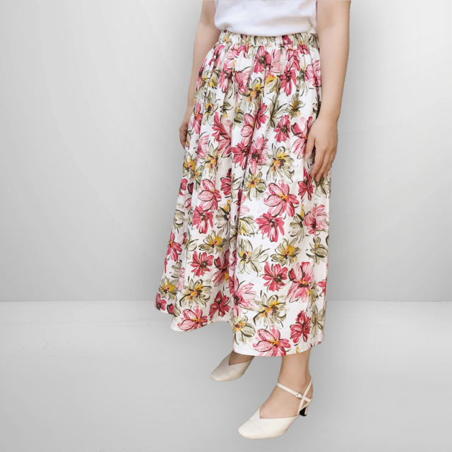 【綿100%】履きやすさにこだわった 花柄ギャザースカート ボトムス｜ピンク｜画像1