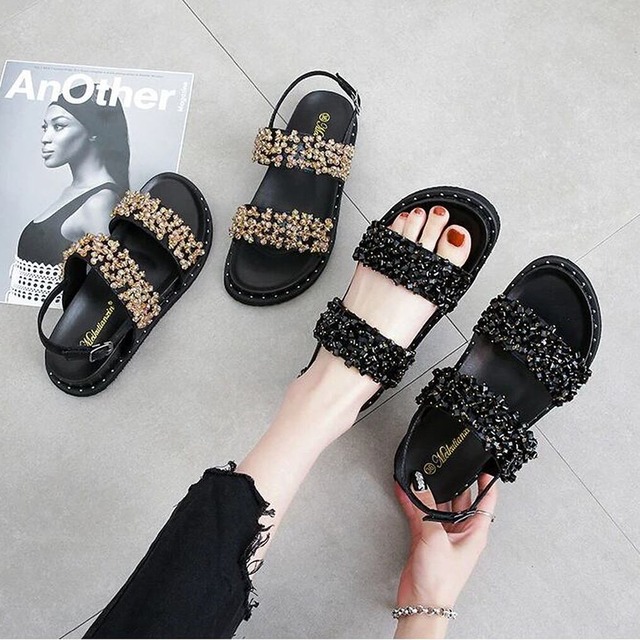 エレガントビーズダブルベルトサンダル　F059