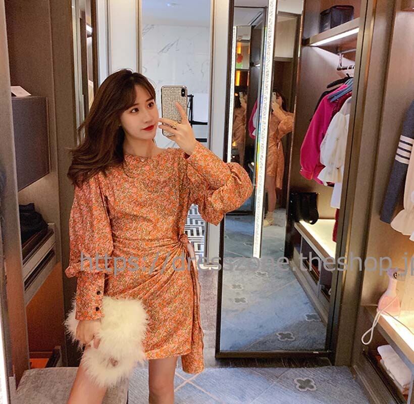 ショートドレス ショート丈ワンピース 結婚式 普段着 デート 女子会 同窓会 プレゼント パーティー 通勤 大きいサイズ S M L レッド 赤い オレンジ 長袖 花柄 レトロ ラウンドネック Dresszone