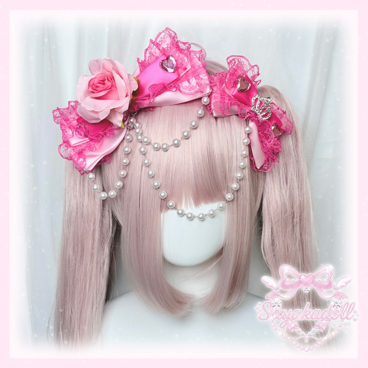 ♡【全5色】姫GAL ヒョウ柄 薔薇付き パールチェーンフリルリボンヘアクリップ black×vivid pink ♡