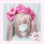 ♡【全5色】姫GAL ヒョウ柄 薔薇付き パールチェーンフリルリボンヘアクリップ black×vivid pink ♡