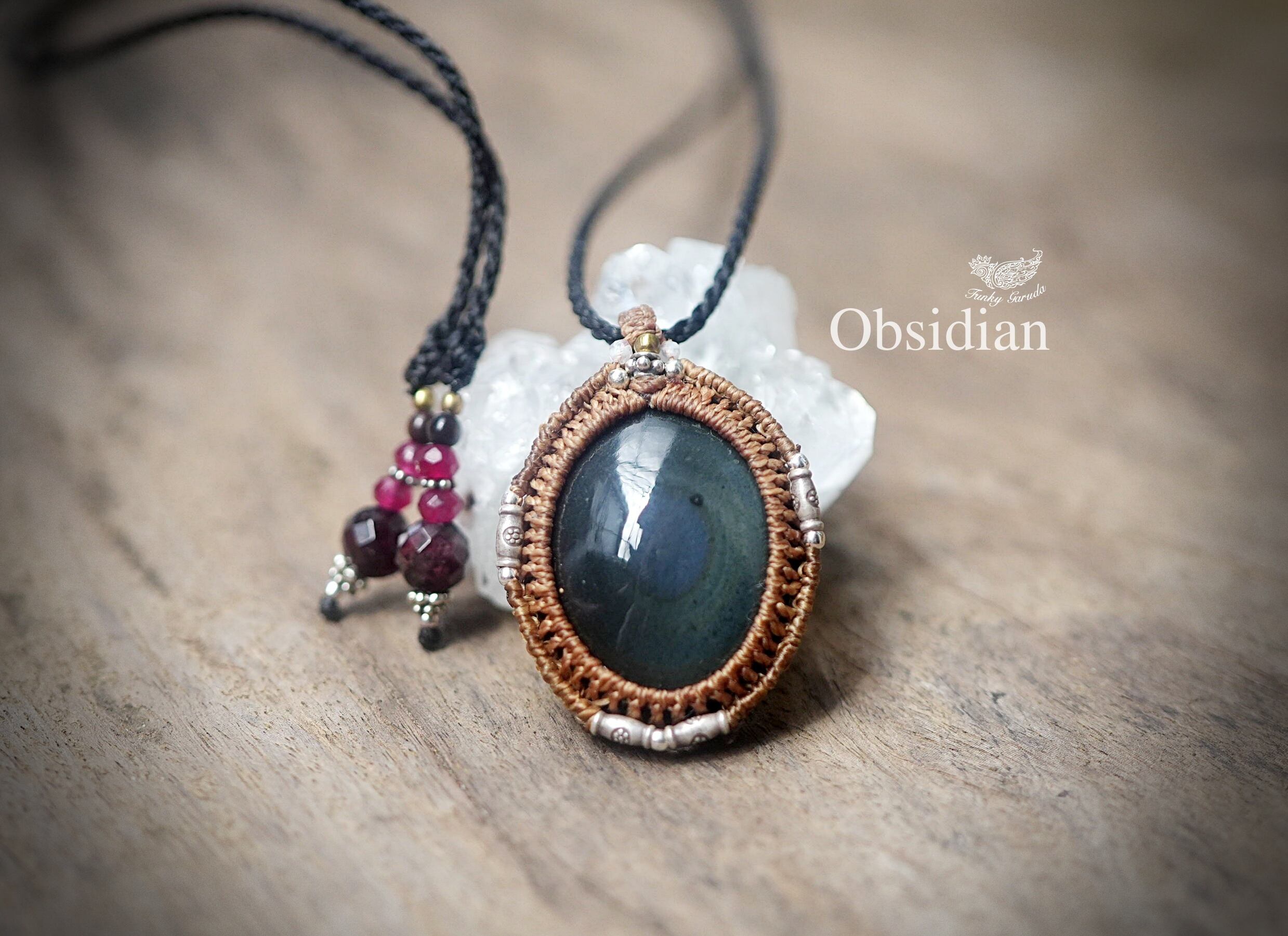 ほんのりレインボー★オブシディアン マクラメペンダント1722